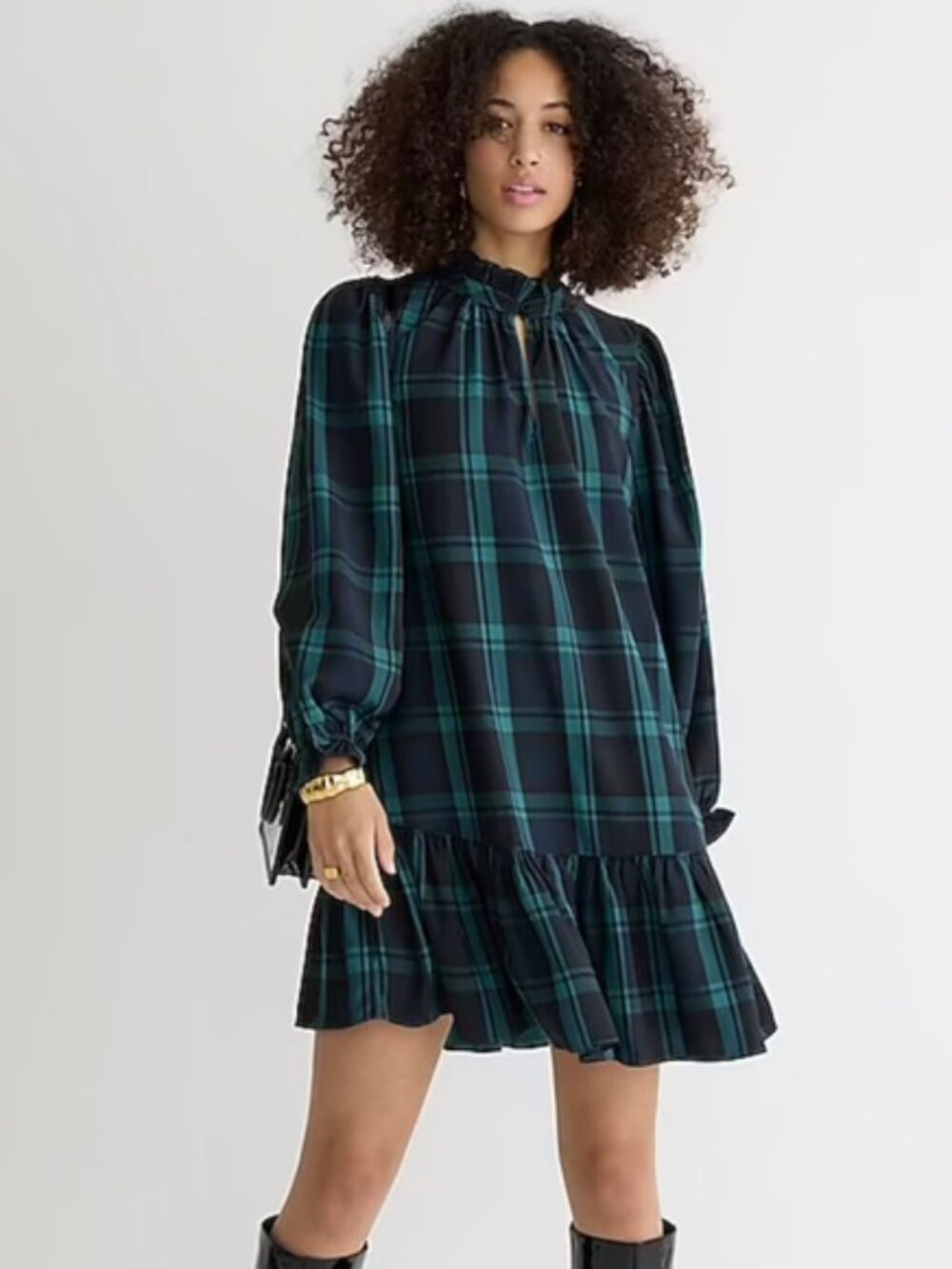 J.Crew Blackwatch Plaid Ruffle Puff-sleeve Mini Dress Size Large - Picture 2 of 11